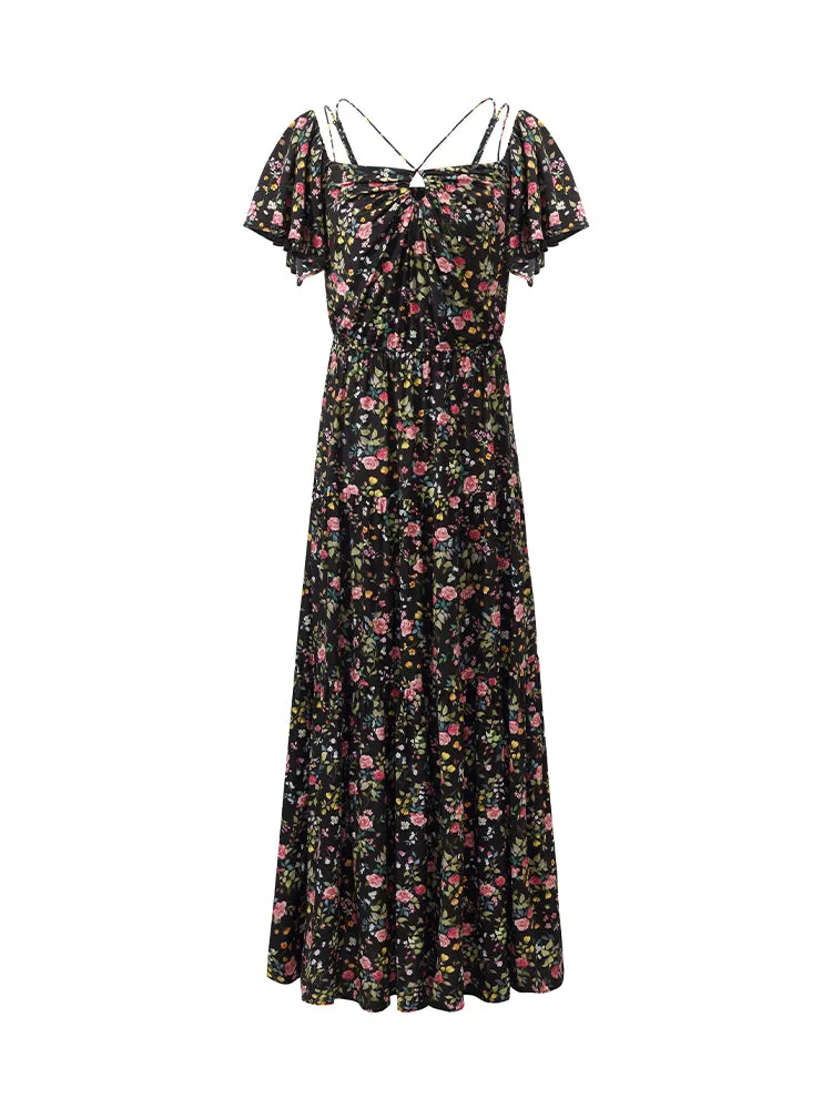 16 Momme Mulberry Silk Rose Printed Off Shoulder Women Maxi Dress