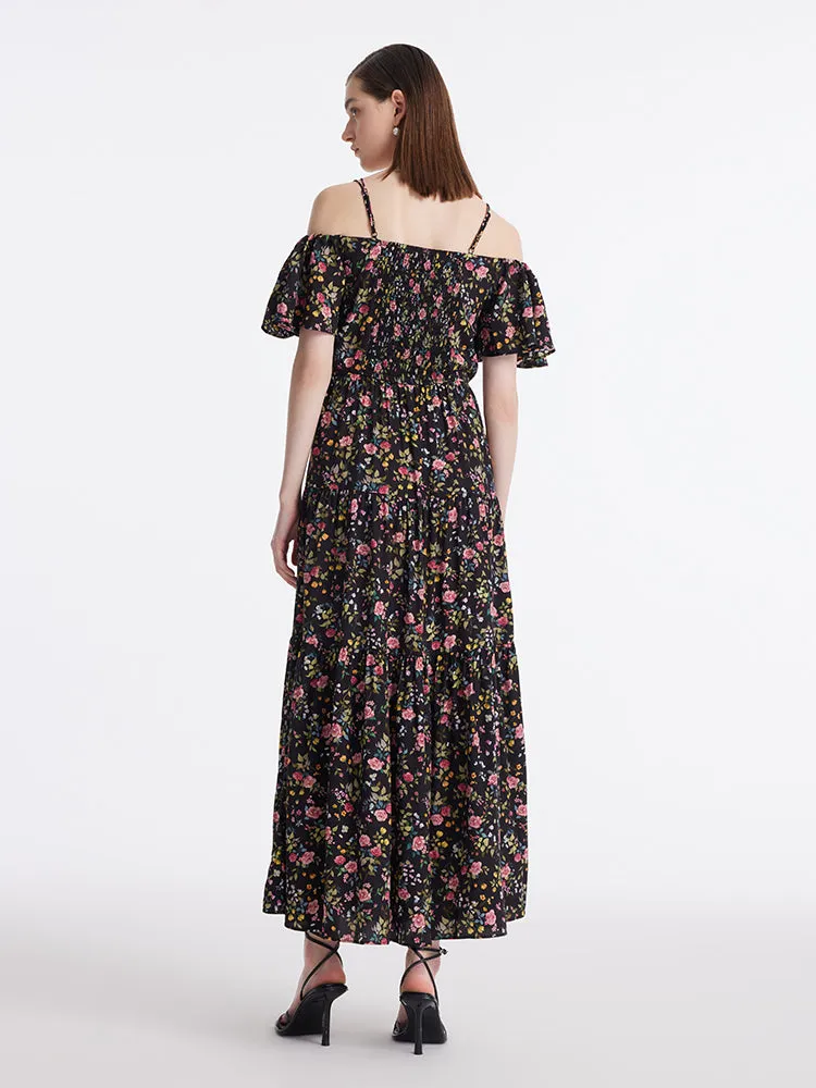 16 Momme Mulberry Silk Rose Printed Off Shoulder Women Maxi Dress