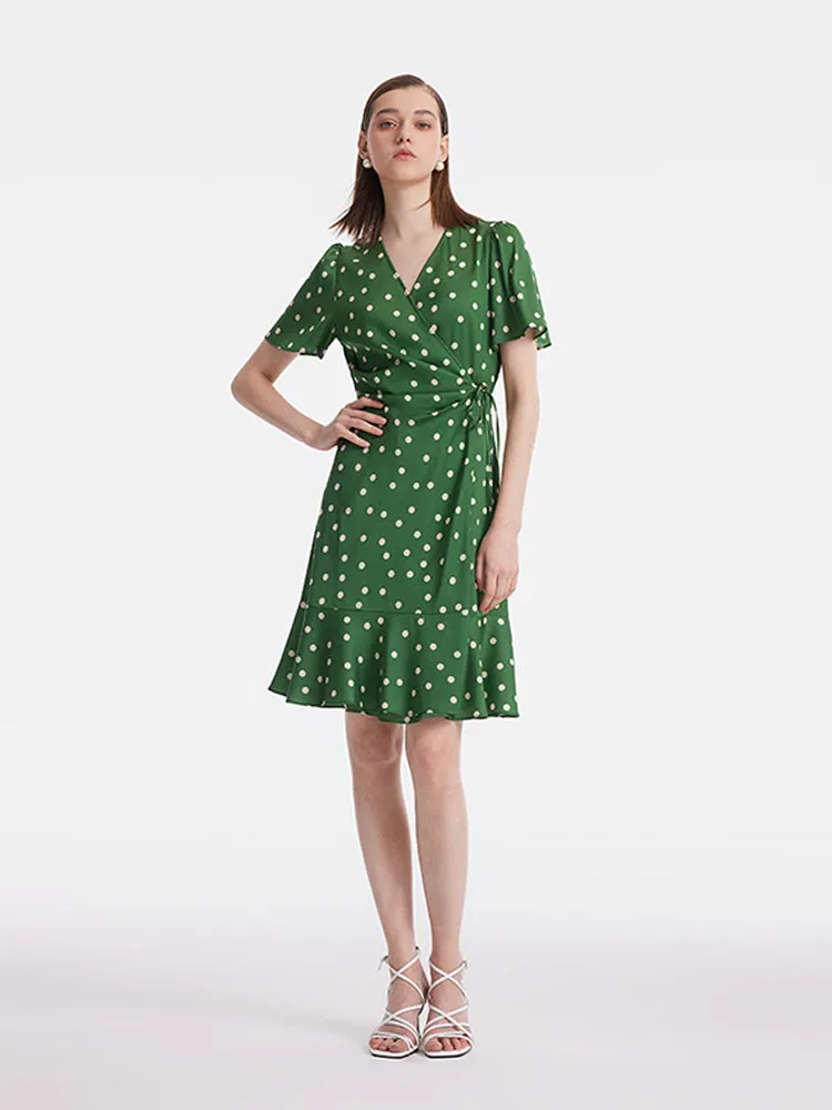 19 Momme Mulberry Silk Polka Dots Printed Ruffle Women Mini Dress With Scrunchie