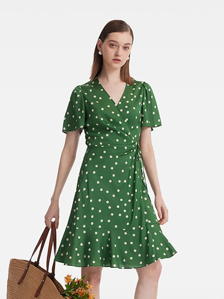 19 Momme Mulberry Silk Polka Dots Printed Ruffle Women Mini Dress With Scrunchie