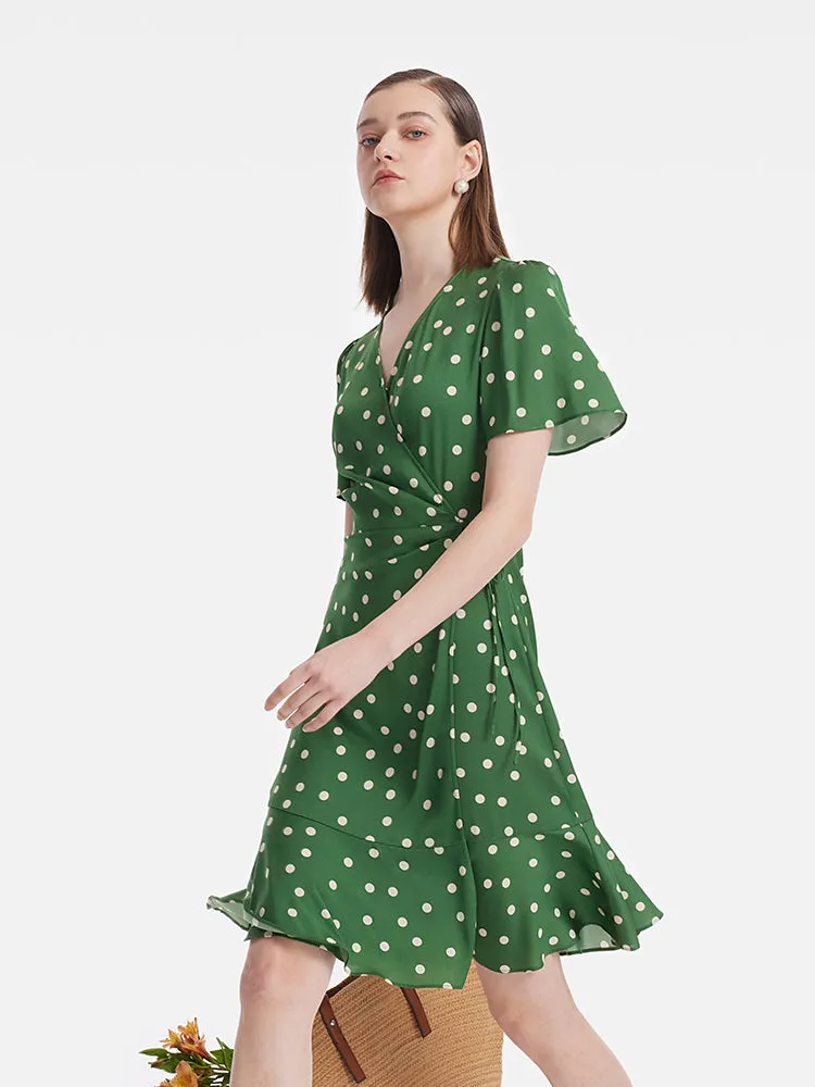 19 Momme Mulberry Silk Polka Dots Printed Ruffle Women Mini Dress With Scrunchie