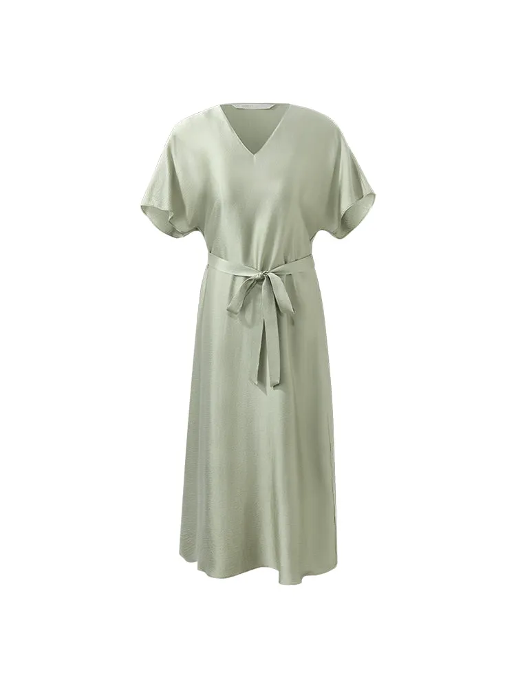 19 Momme Mulberry Silk V-Neck Women Midi Dress With Belt