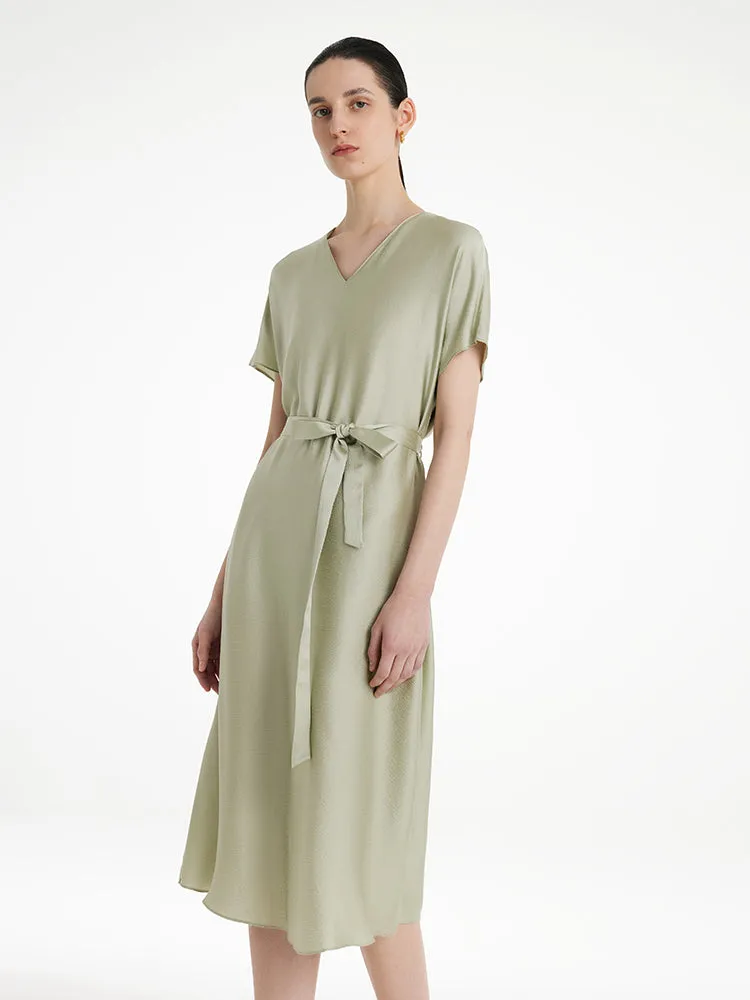 19 Momme Mulberry Silk V-Neck Women Midi Dress With Belt