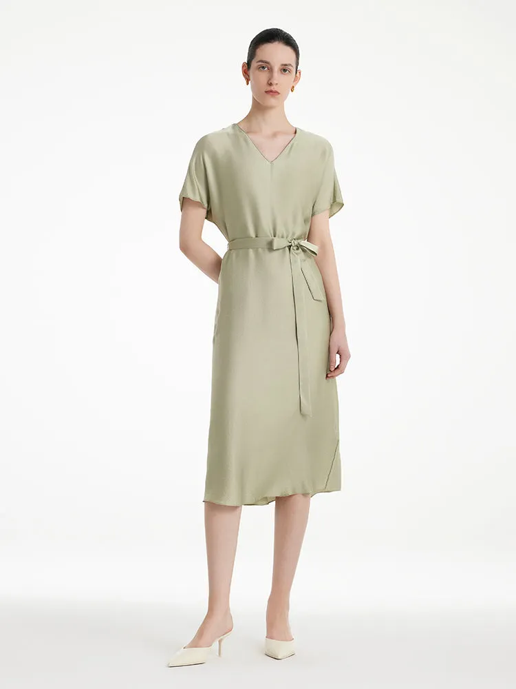 19 Momme Mulberry Silk V-Neck Women Midi Dress With Belt