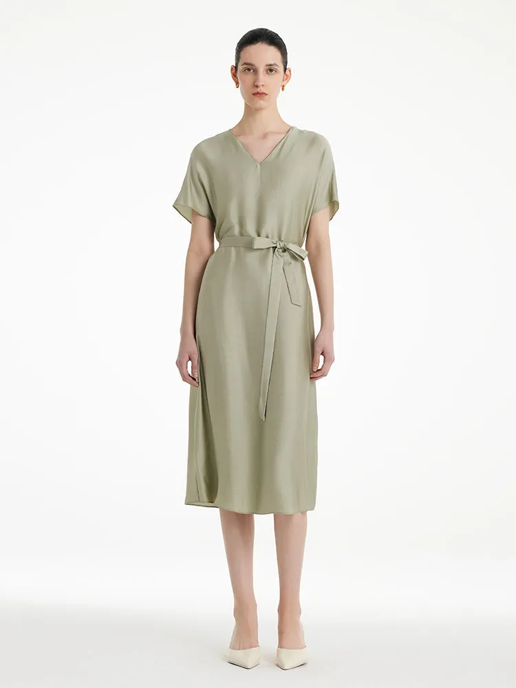 19 Momme Mulberry Silk V-Neck Women Midi Dress With Belt