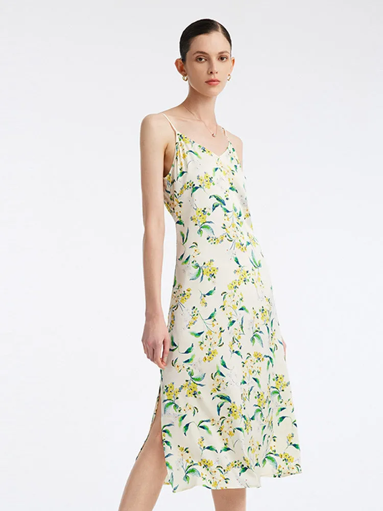 19 Momme Stretch Silk Floral Spaghetti Strap Midi Dress