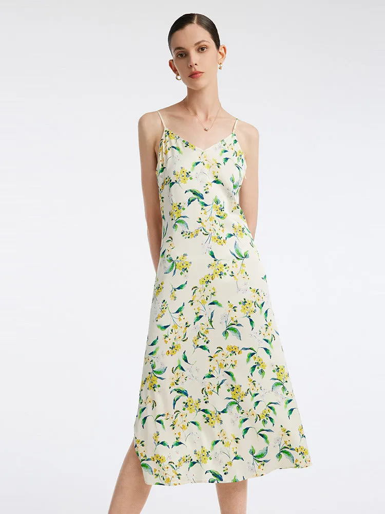 19 Momme Stretch Silk Floral Spaghetti Strap Midi Dress