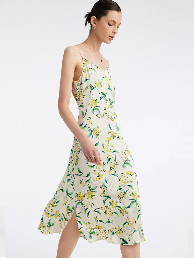 19 Momme Stretch Silk Floral Spaghetti Strap Midi Dress