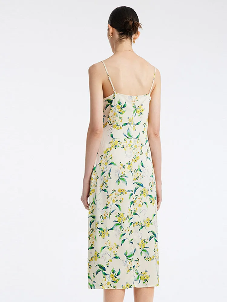 19 Momme Stretch Silk Floral Spaghetti Strap Midi Dress