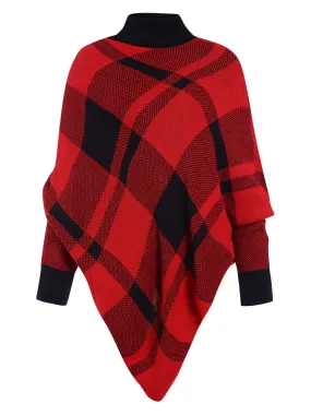 1950s Mock Neck Plaid Knit Poncho Sweater