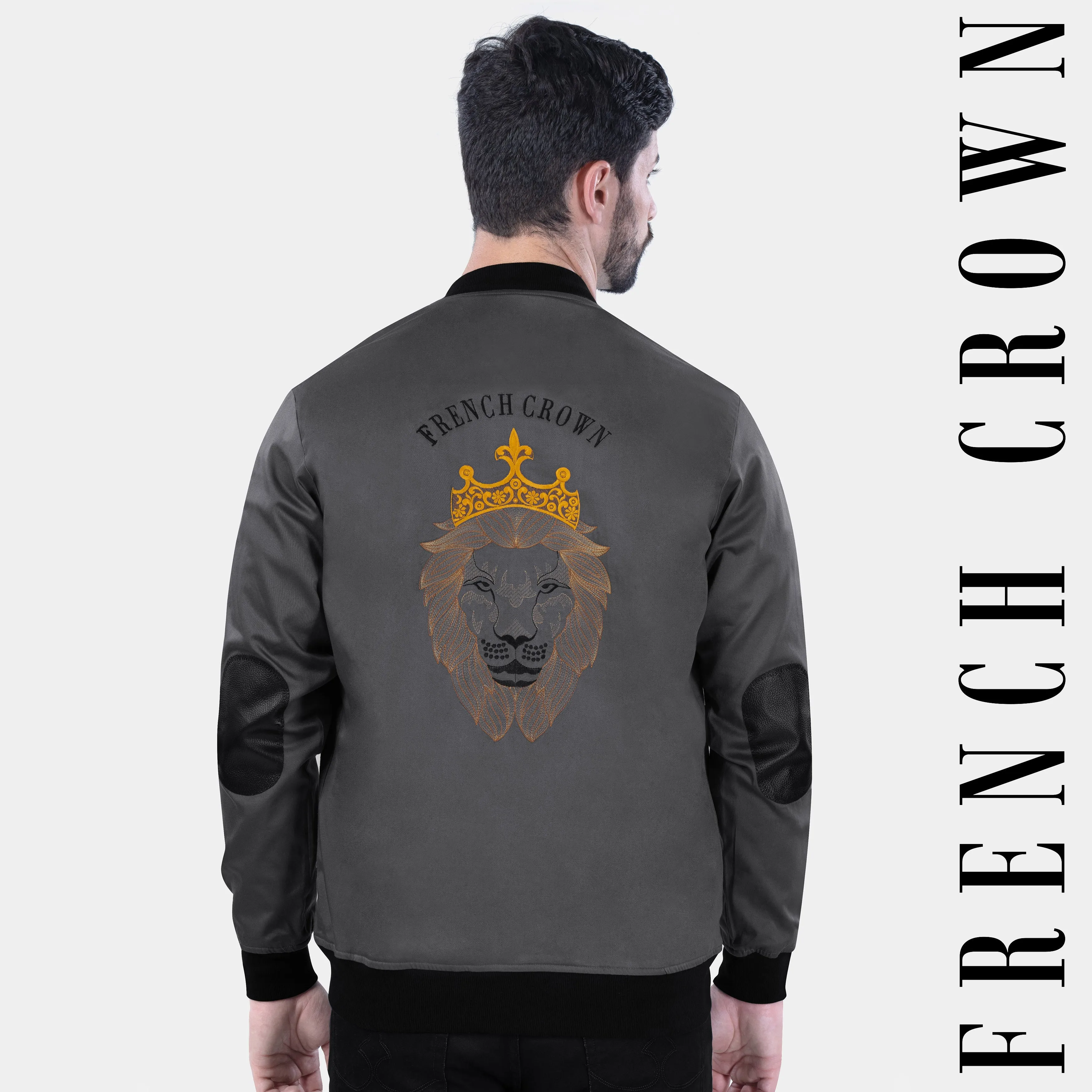 Abbey Gray Lion Embroidered Premium Cotton Bomber Jacket