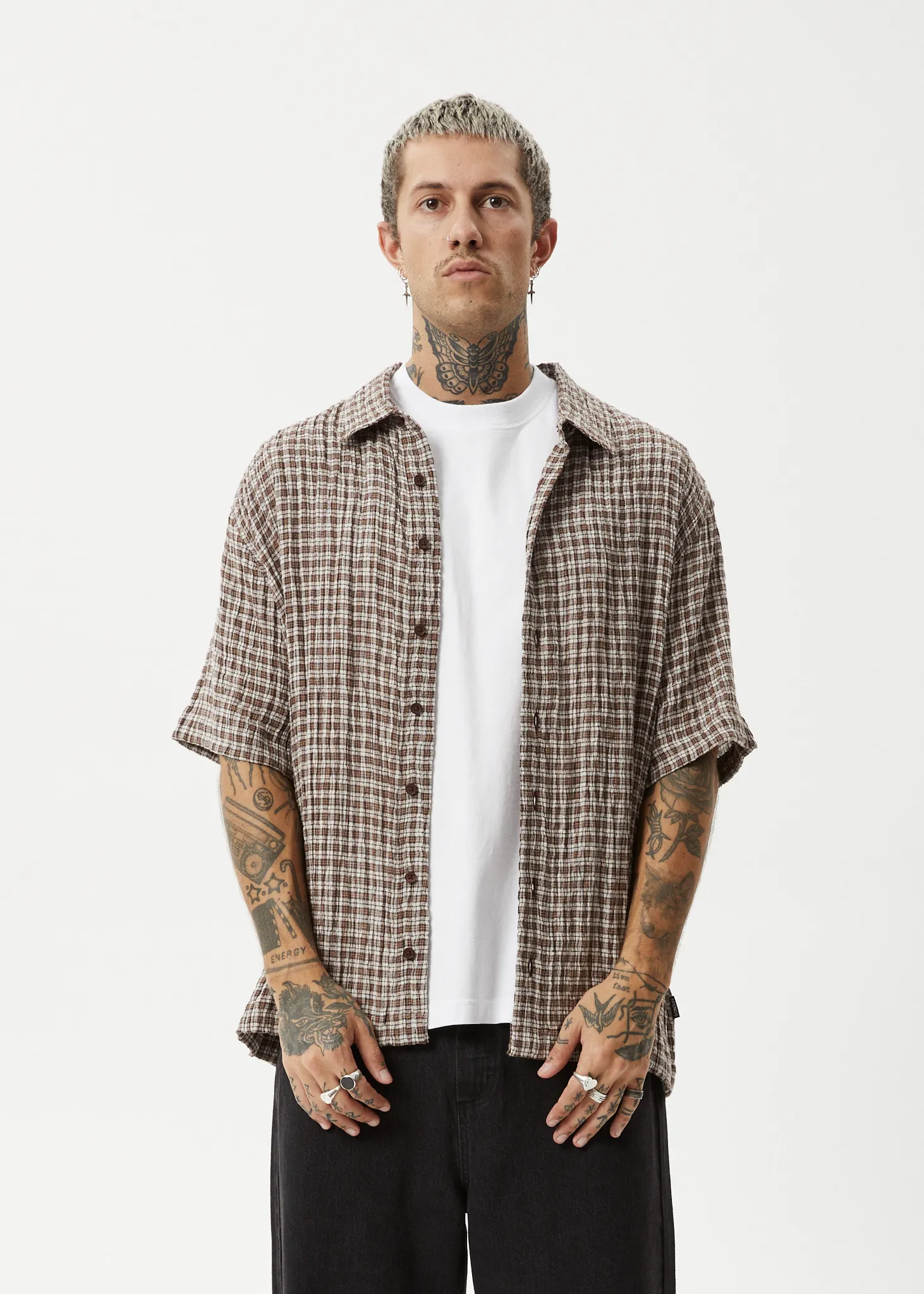 AFENDS Mens Base - Short Sleeve Shirt - Coffee Check