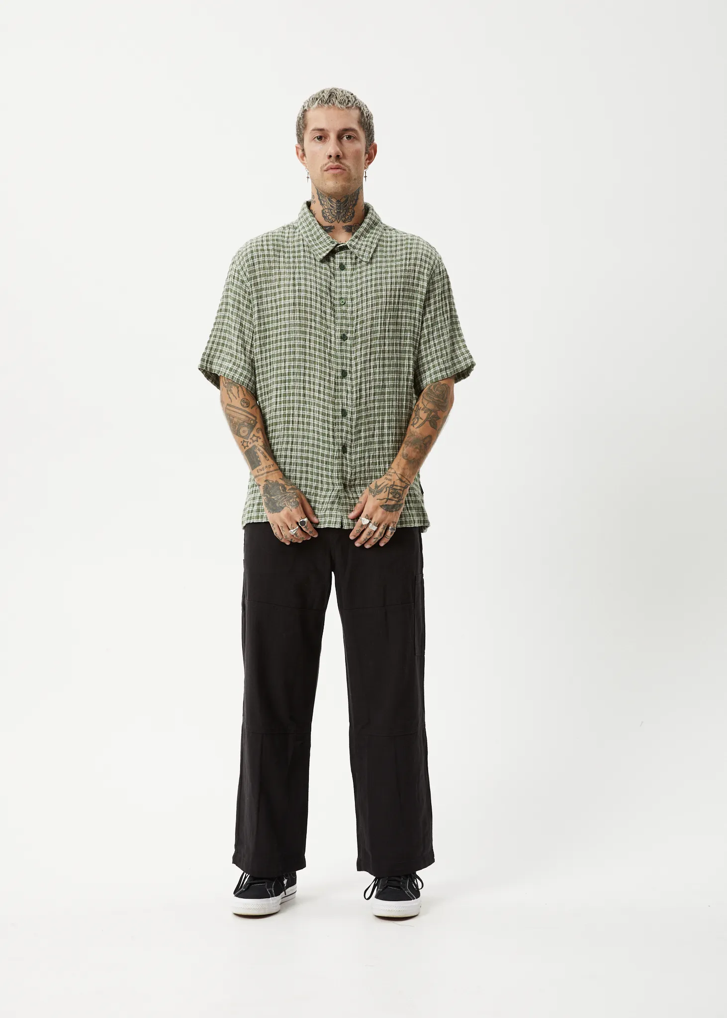 AFENDS Mens Base - Short Sleeve Shirt - Deep Green Check