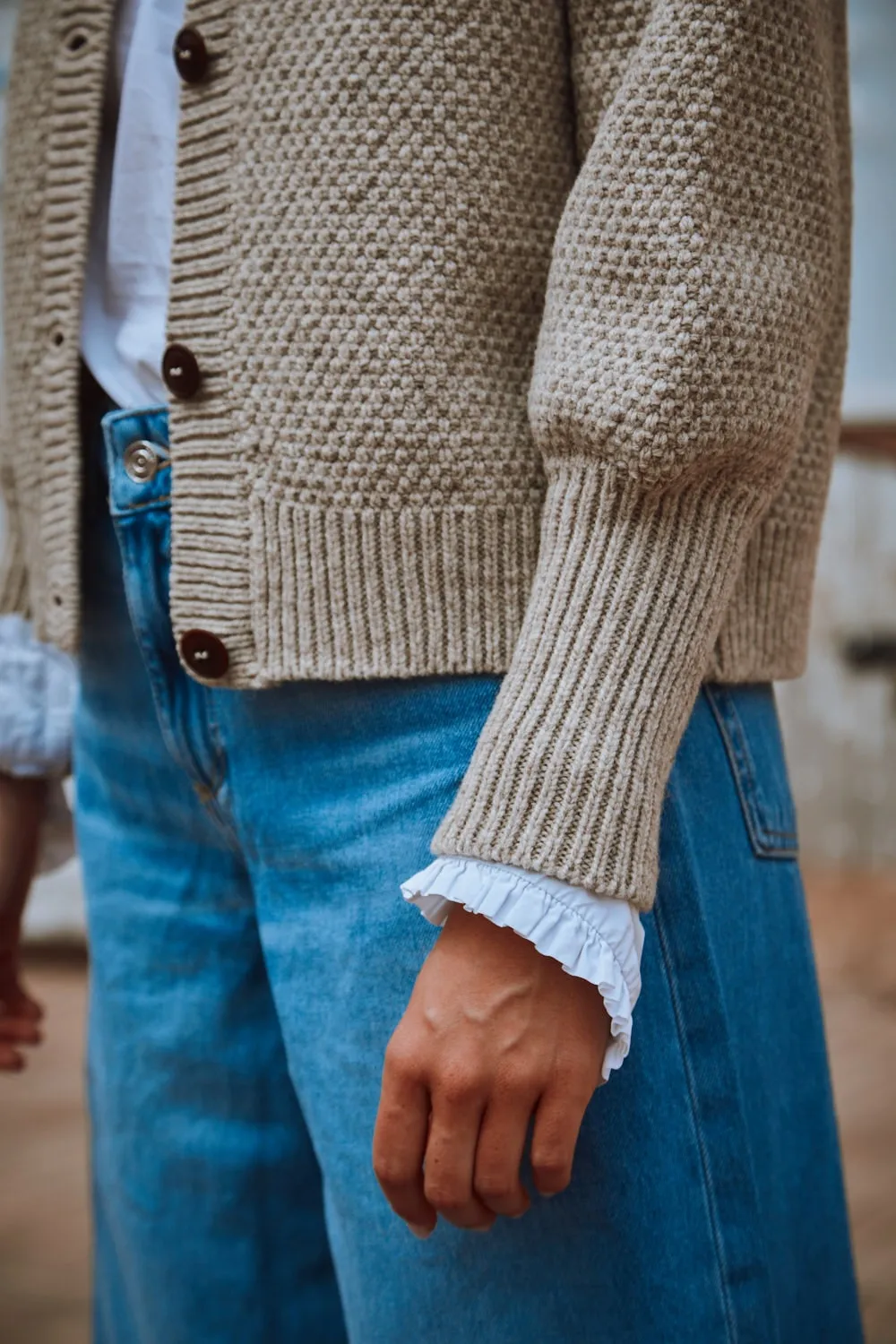 ANAIS Puff Sleeve Cardigan in Merino Wool - Beige