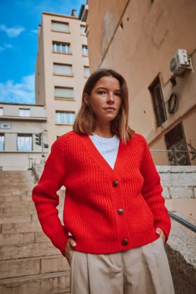 ANNA V-Neck Cardigan in Merino Wool - Red