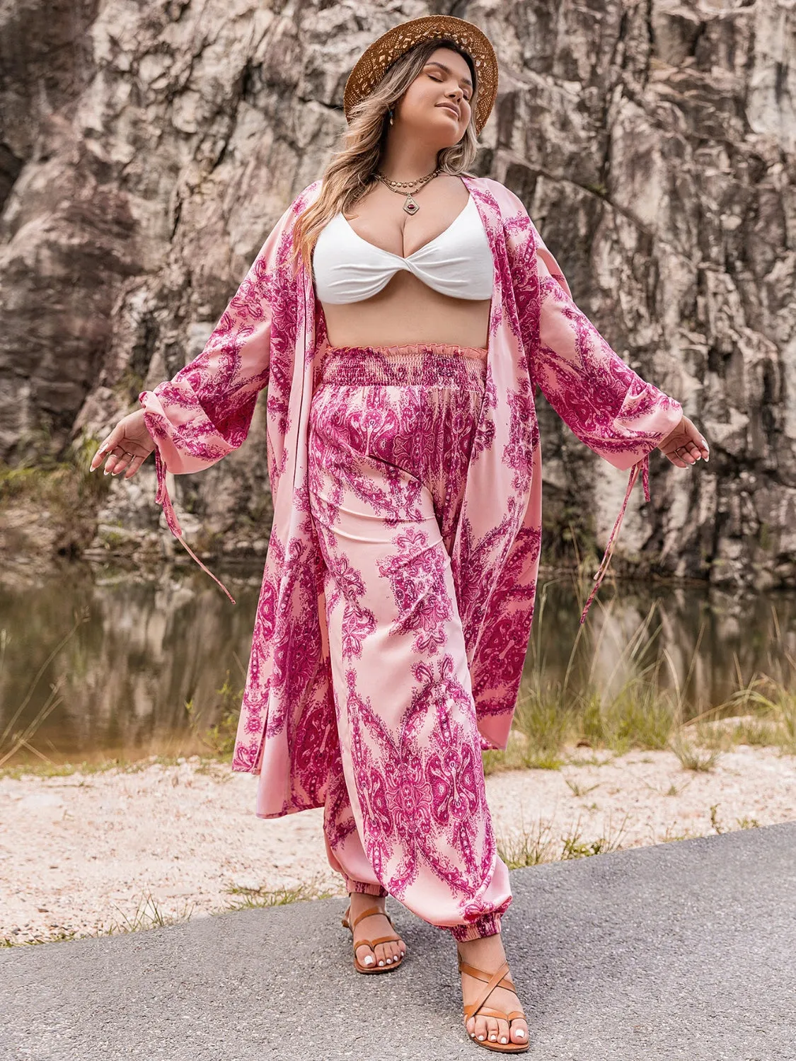 Artisanal Plus Size Open Front Cardigan and Pants Set