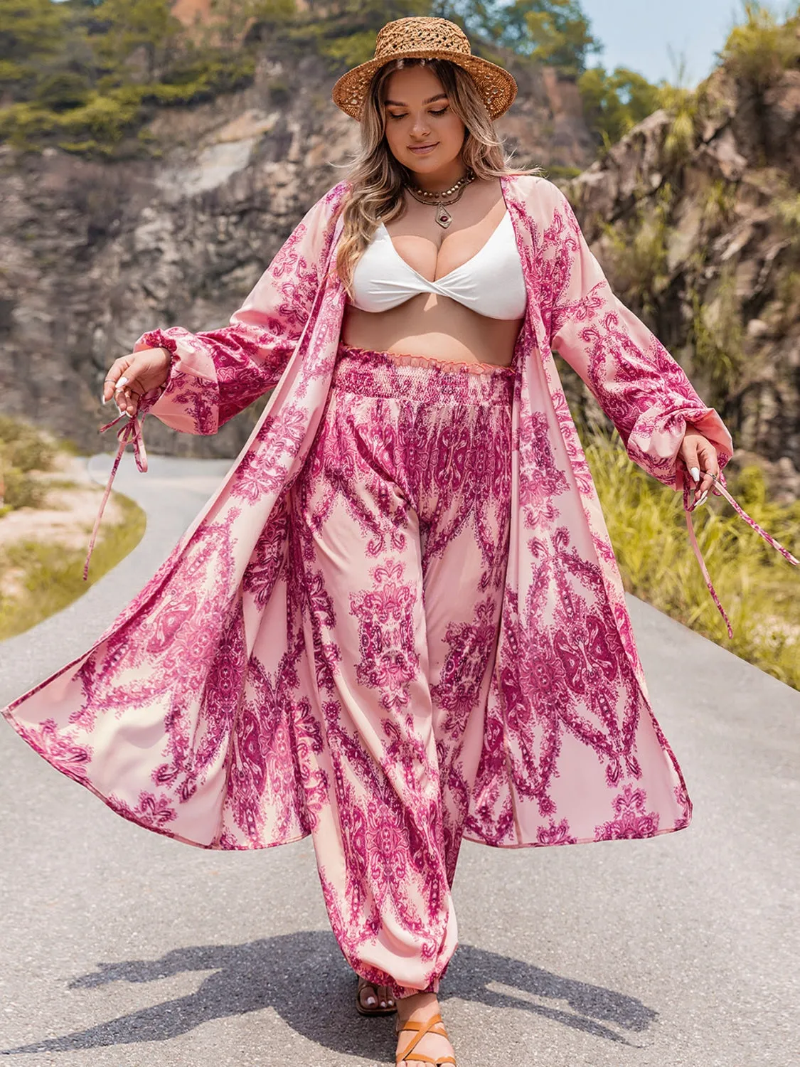 Artisanal Plus Size Open Front Cardigan and Pants Set