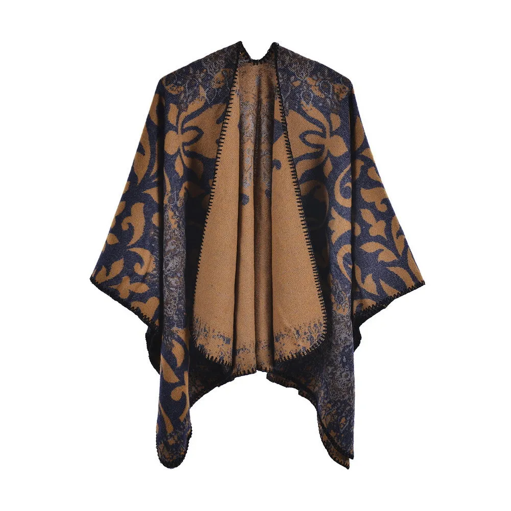 Autumn and Winter Scarf Shawl Retro Elegant Datura Flower Cashmere Split Cape Warm Blanket Wrap