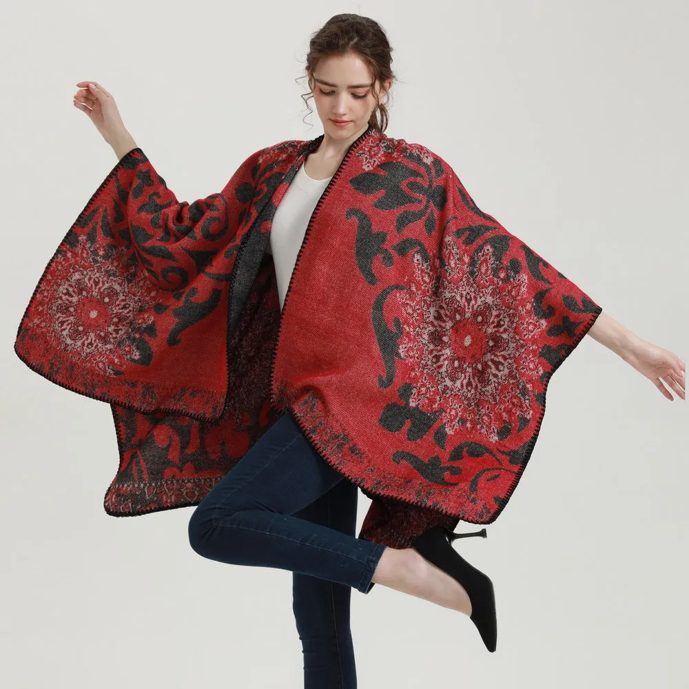 Autumn and Winter Scarf Shawl Retro Elegant Datura Flower Cashmere Split Cape Warm Blanket Wrap