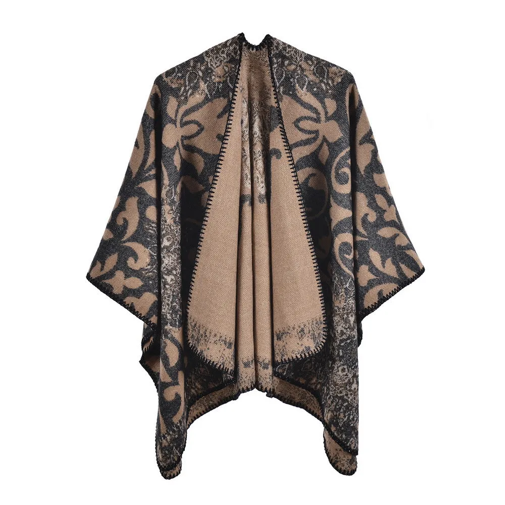 Autumn and Winter Scarf Shawl Retro Elegant Datura Flower Cashmere Split Cape Warm Blanket Wrap