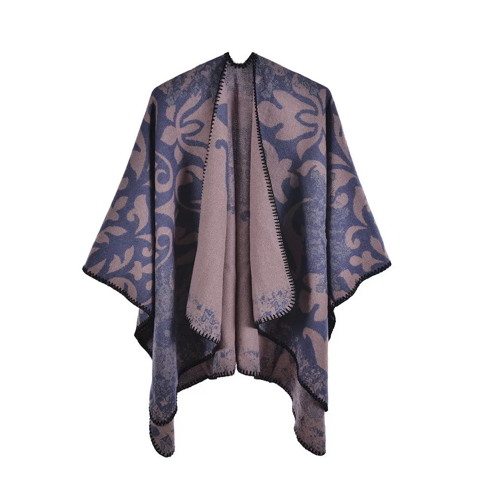 Autumn and Winter Scarf Shawl Retro Elegant Datura Flower Cashmere Split Cape Warm Blanket Wrap