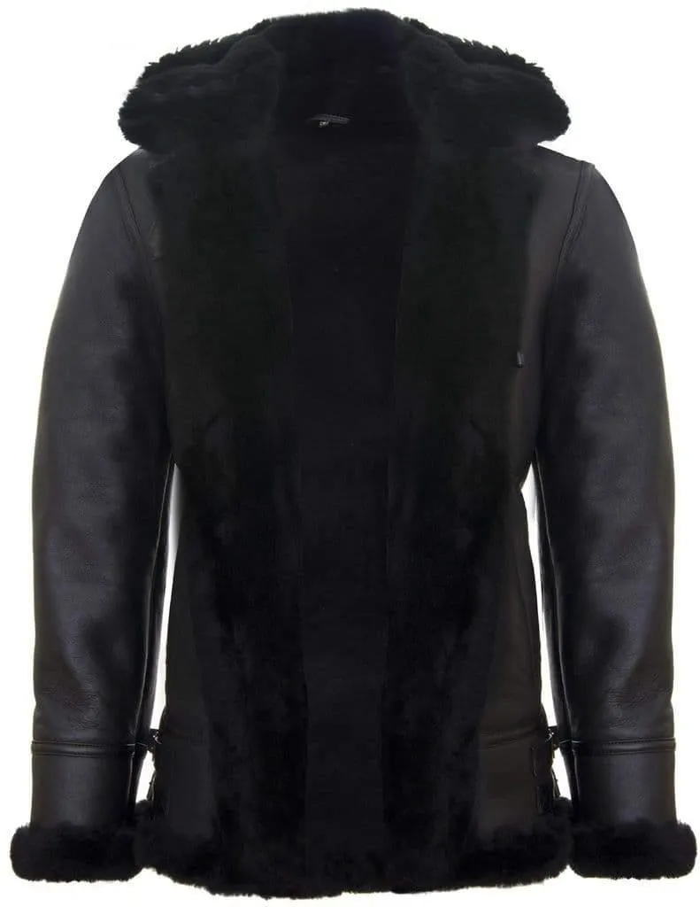 B3 Sheepskin Jacket with Detachable Hood in Black