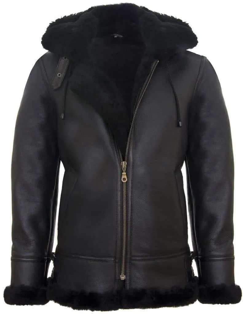 B3 Sheepskin Jacket with Detachable Hood in Black