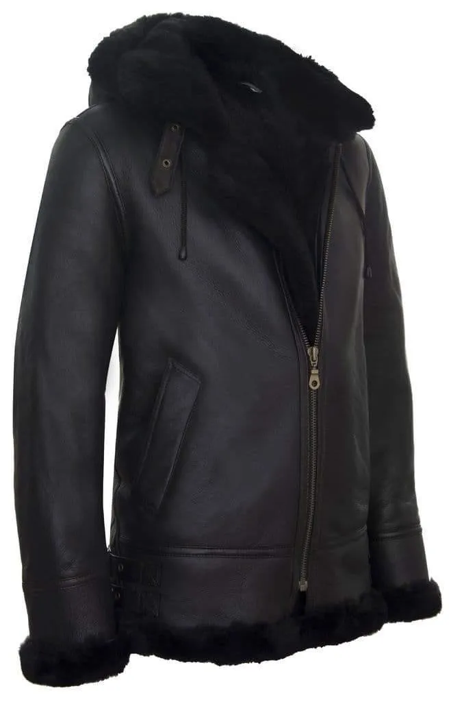 B3 Sheepskin Jacket with Detachable Hood in Black