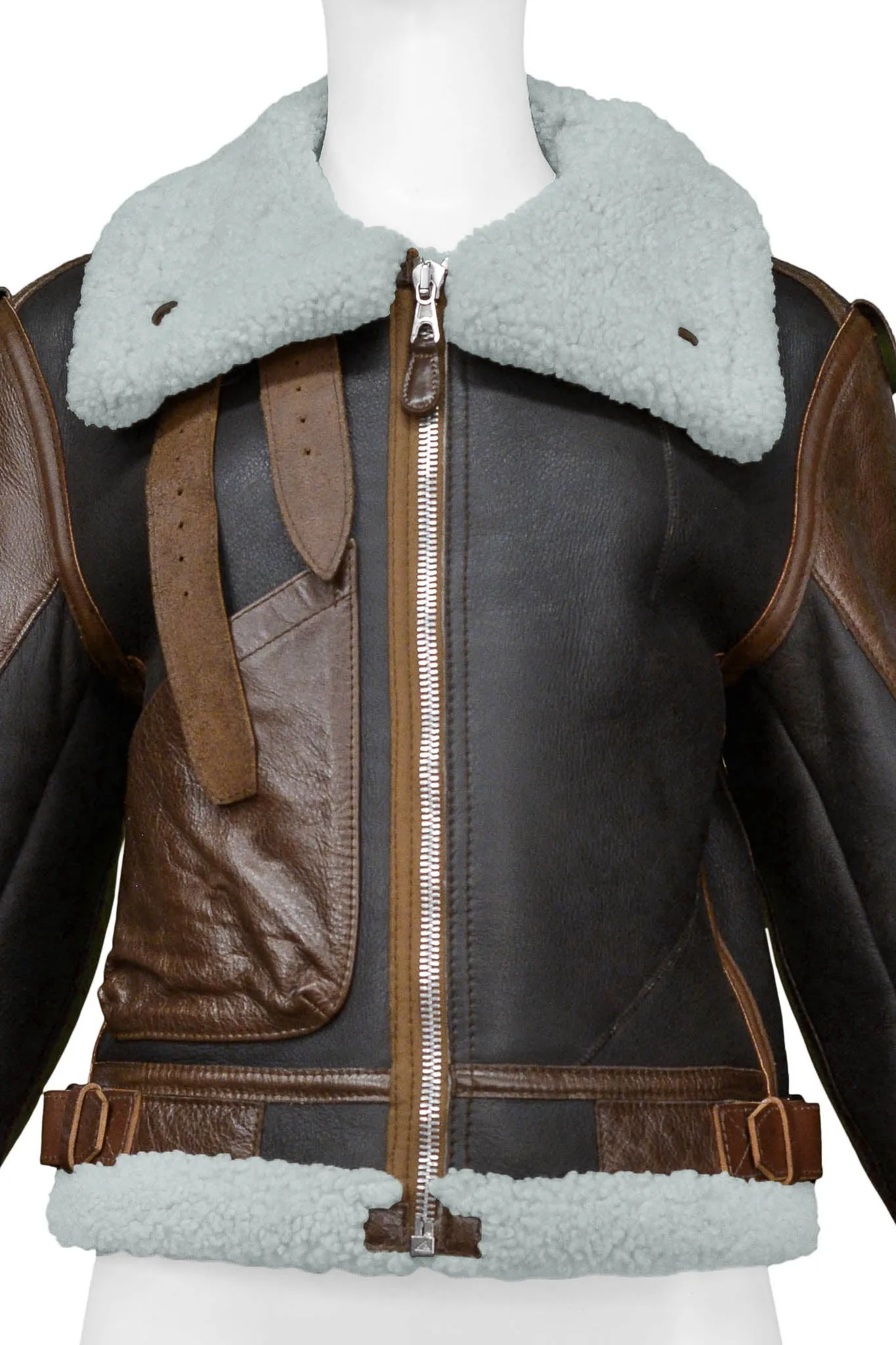 BALENCIAGA BROWN LEATHER & MINT SHEARLING "PALMA" JACKET 2003