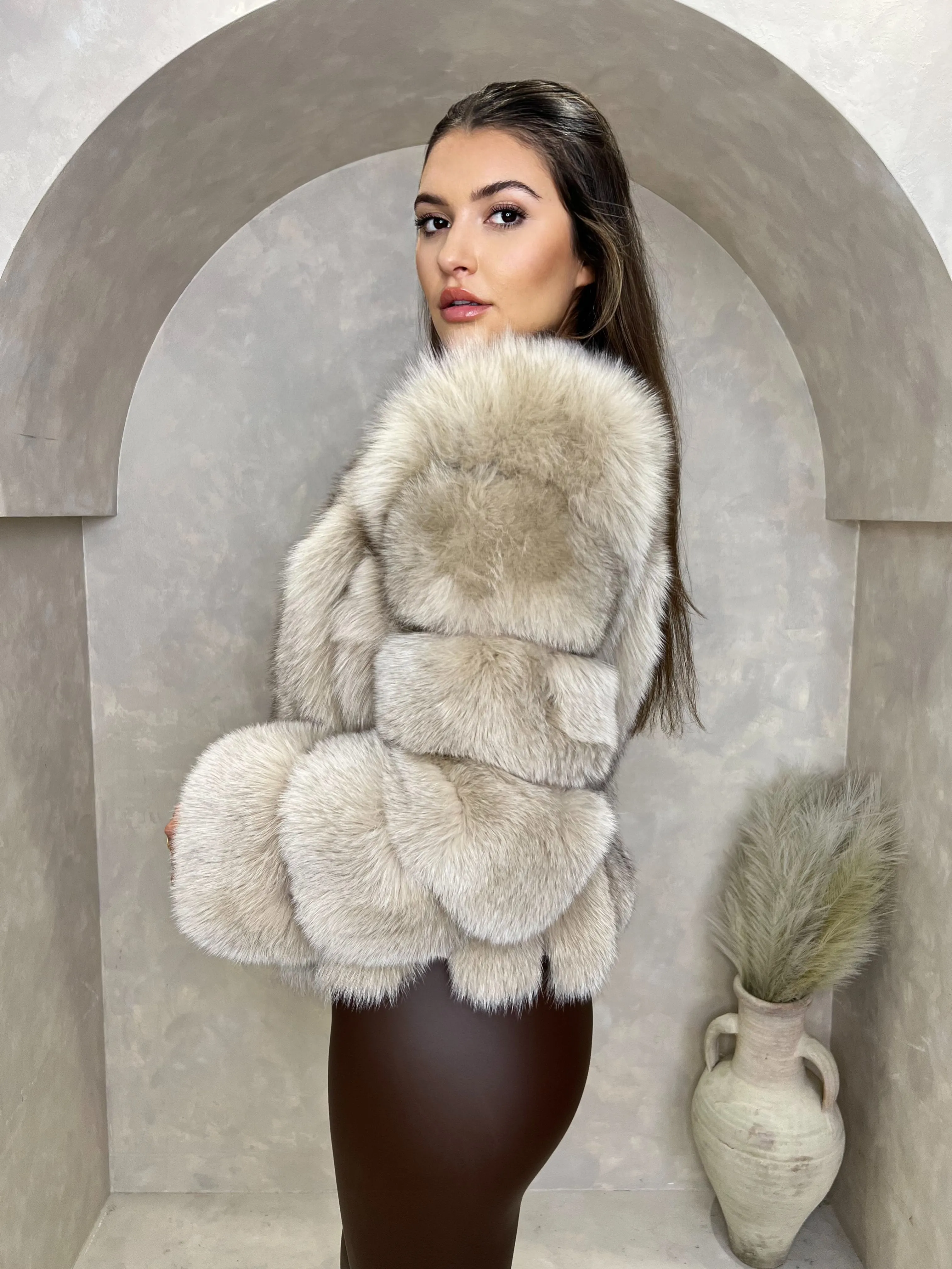 Beige Luxury Fur Vertical Pelt Coat