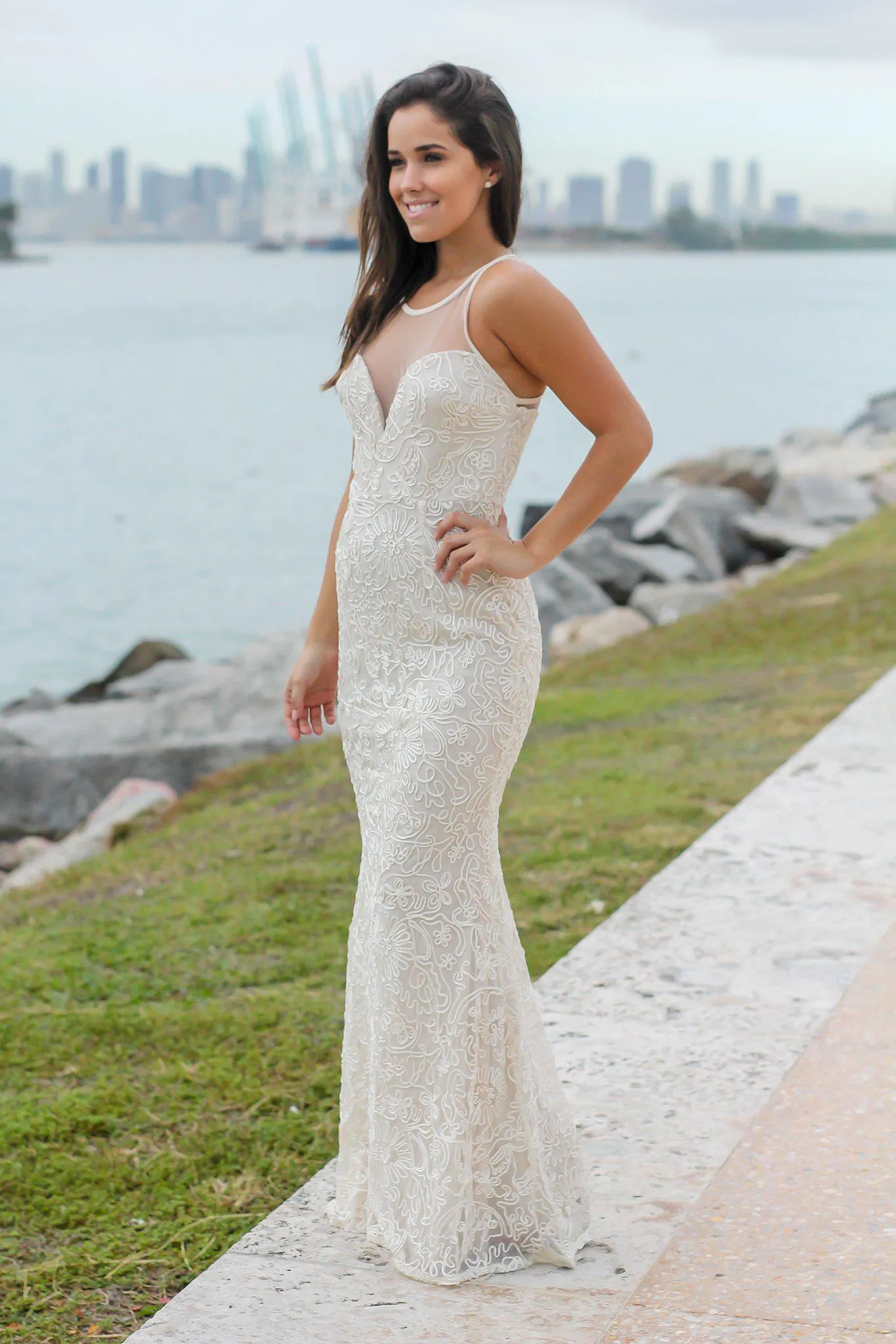 Beige Maxi Dress with Mesh Detail