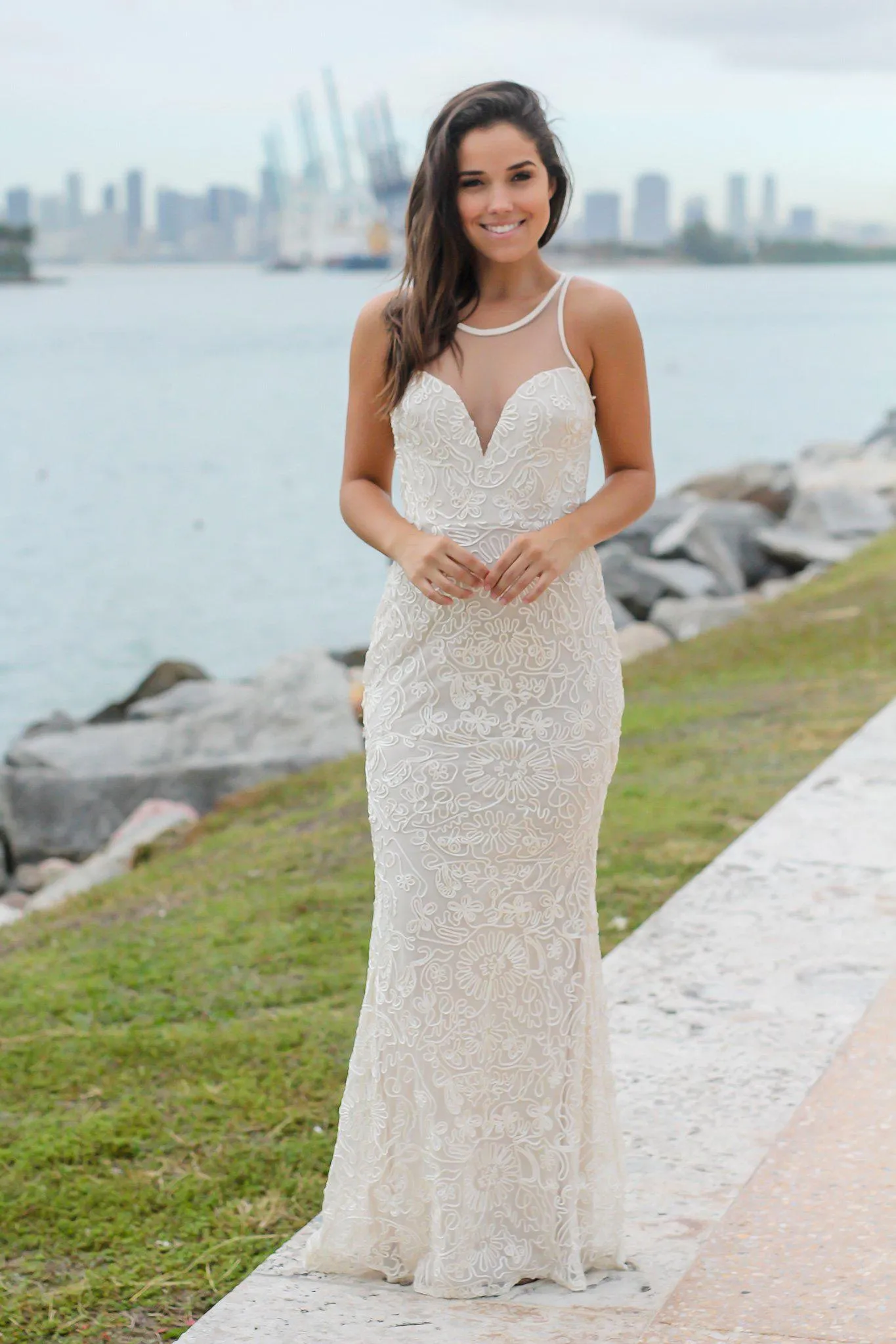 Beige Maxi Dress with Mesh Detail