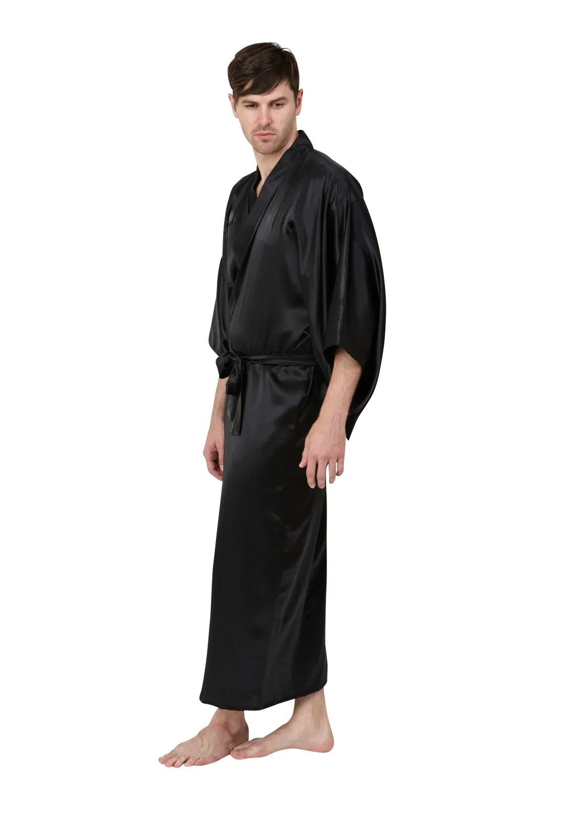 Black Fortune Mens Long Poly Satin Kimono