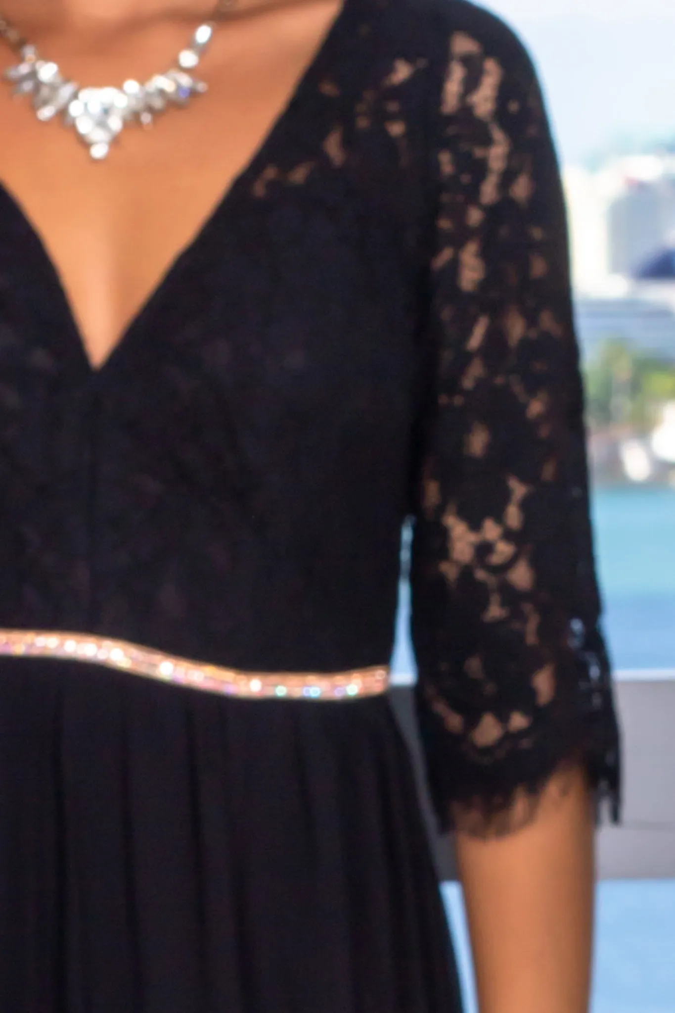 Black Lace Top Maxi Dress with Jeweled Detail