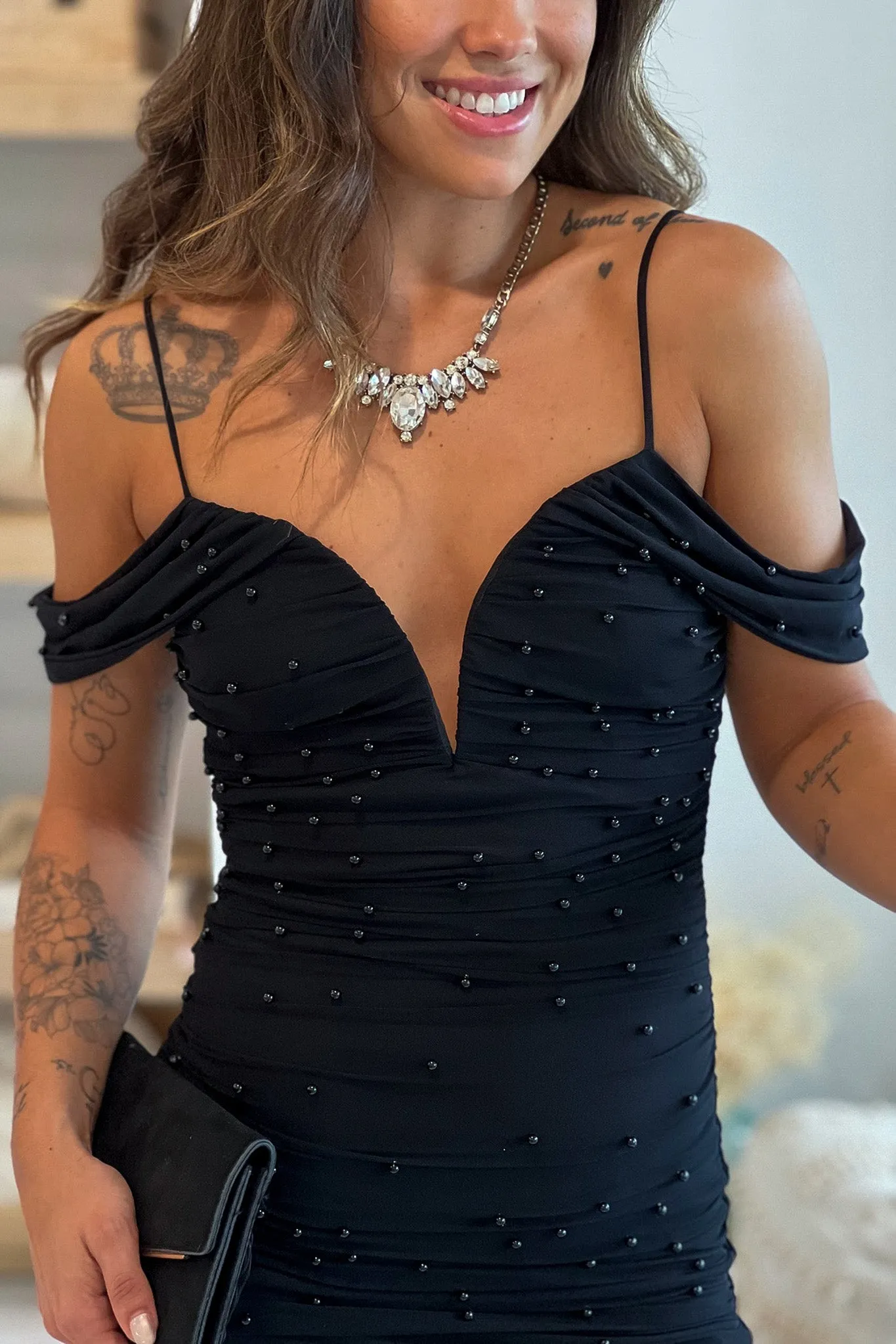 Black Mesh Cold Shoulder Pearl Midi Dress