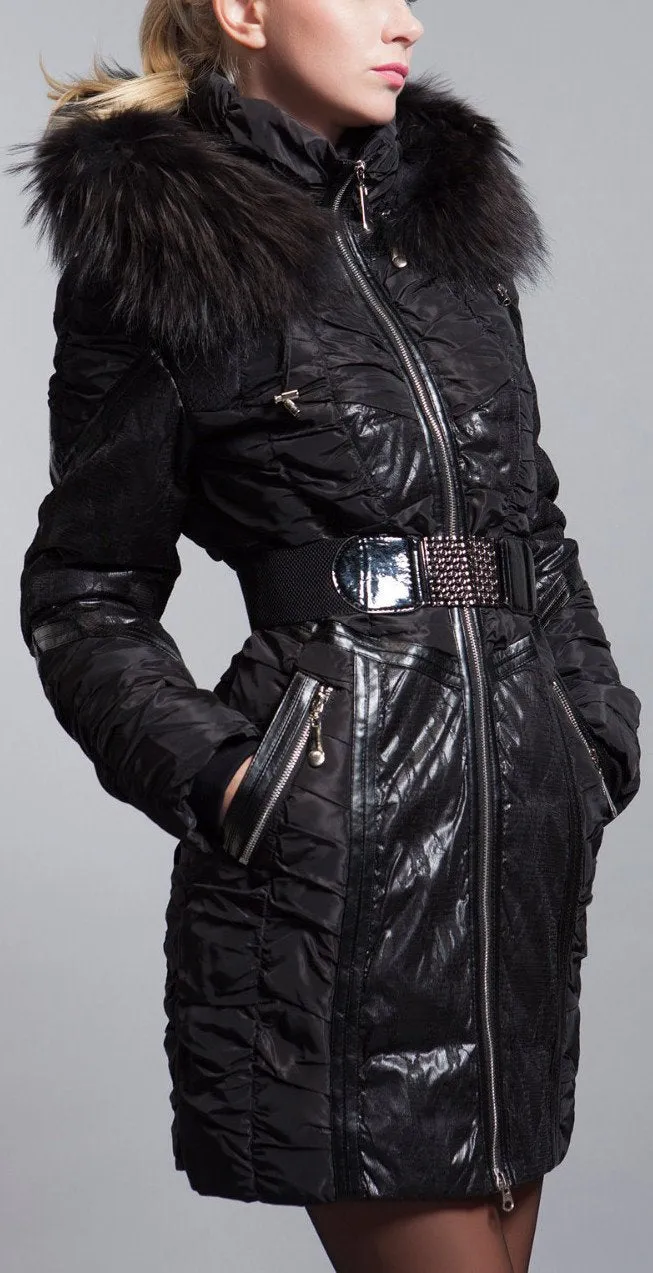 Black Ruched Down Fill Coat with Fox Fur Hood