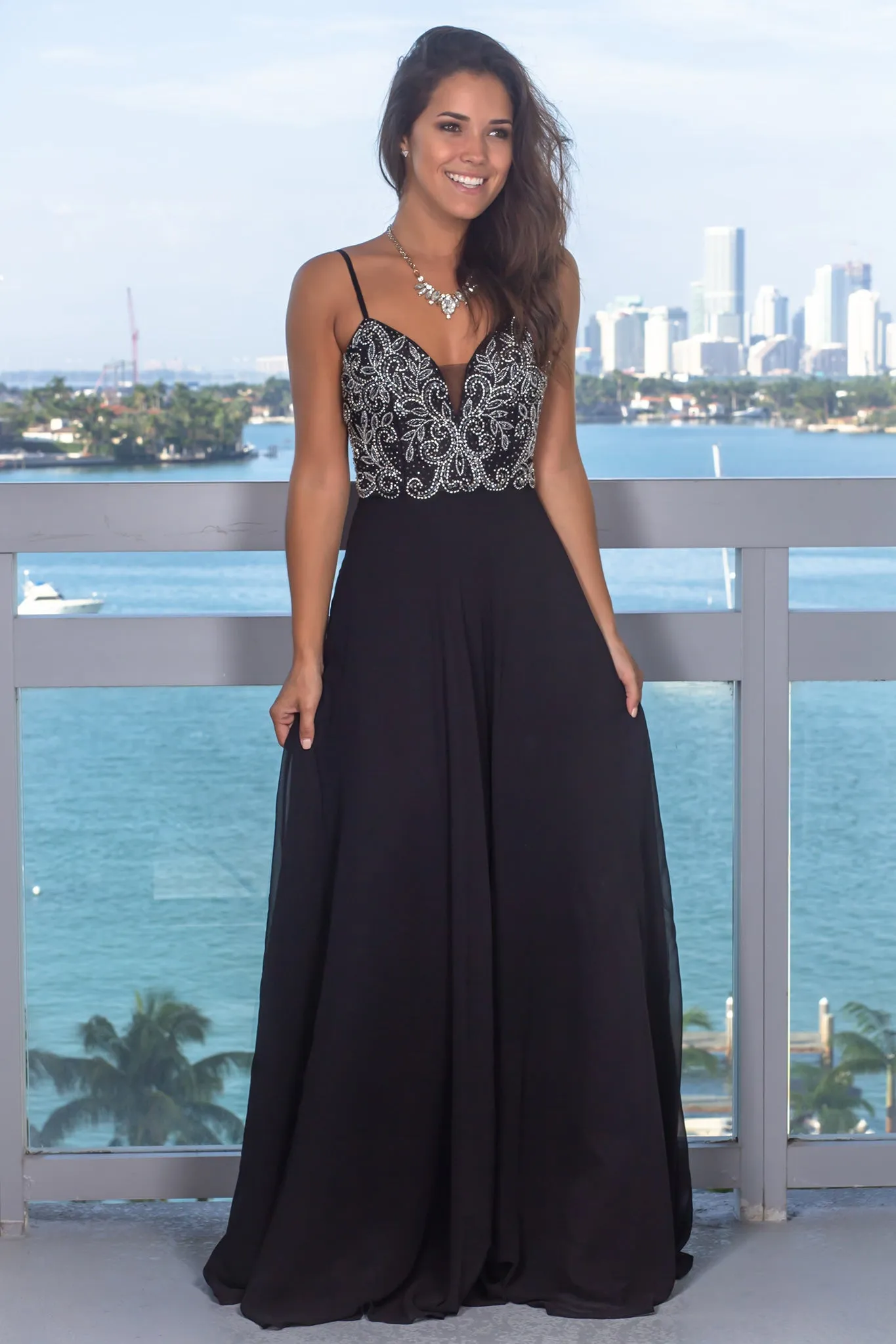 Black Sleeveless Jeweled Top Maxi Dress with Mesh Back