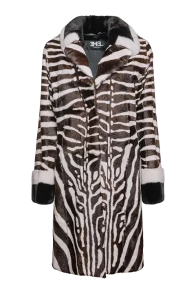 Black/Brown/White Zebra Print Kid Skin & Mink Fur Coat