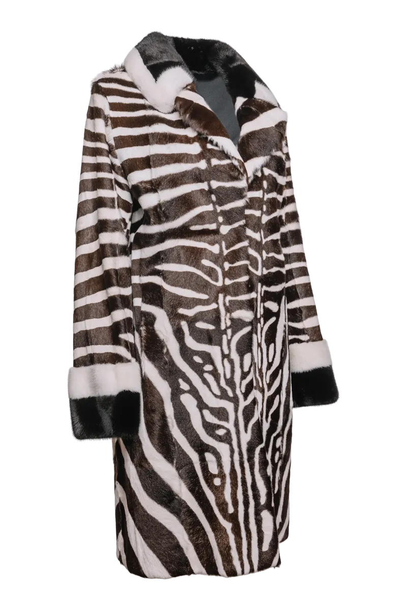 Black/Brown/White Zebra Print Kid Skin & Mink Fur Coat