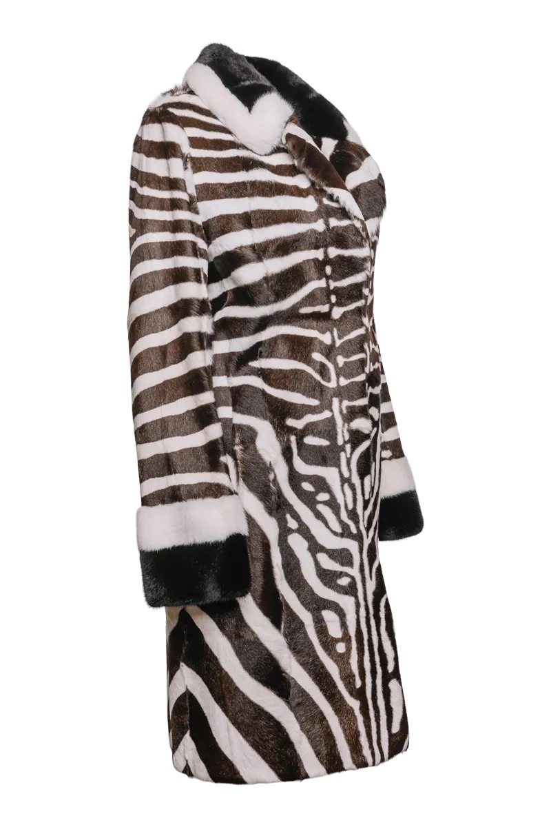 Black/Brown/White Zebra Print Kid Skin & Mink Fur Coat