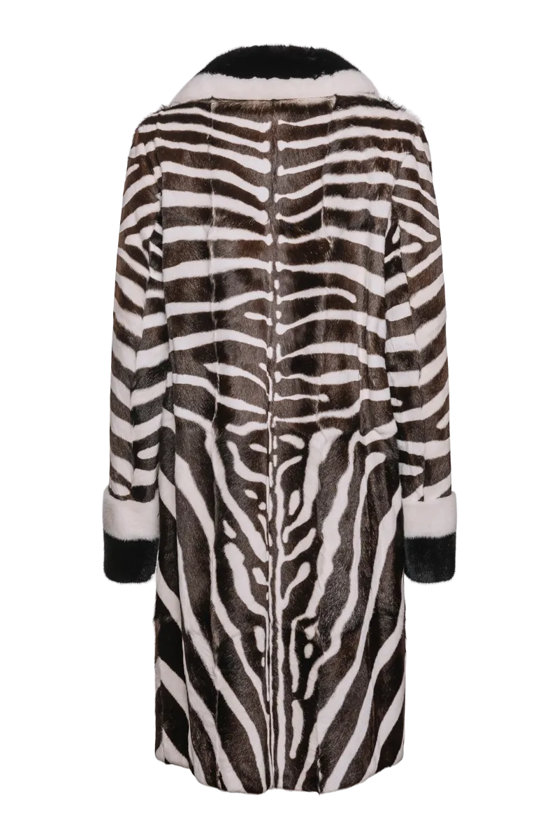 Black/Brown/White Zebra Print Kid Skin & Mink Fur Coat