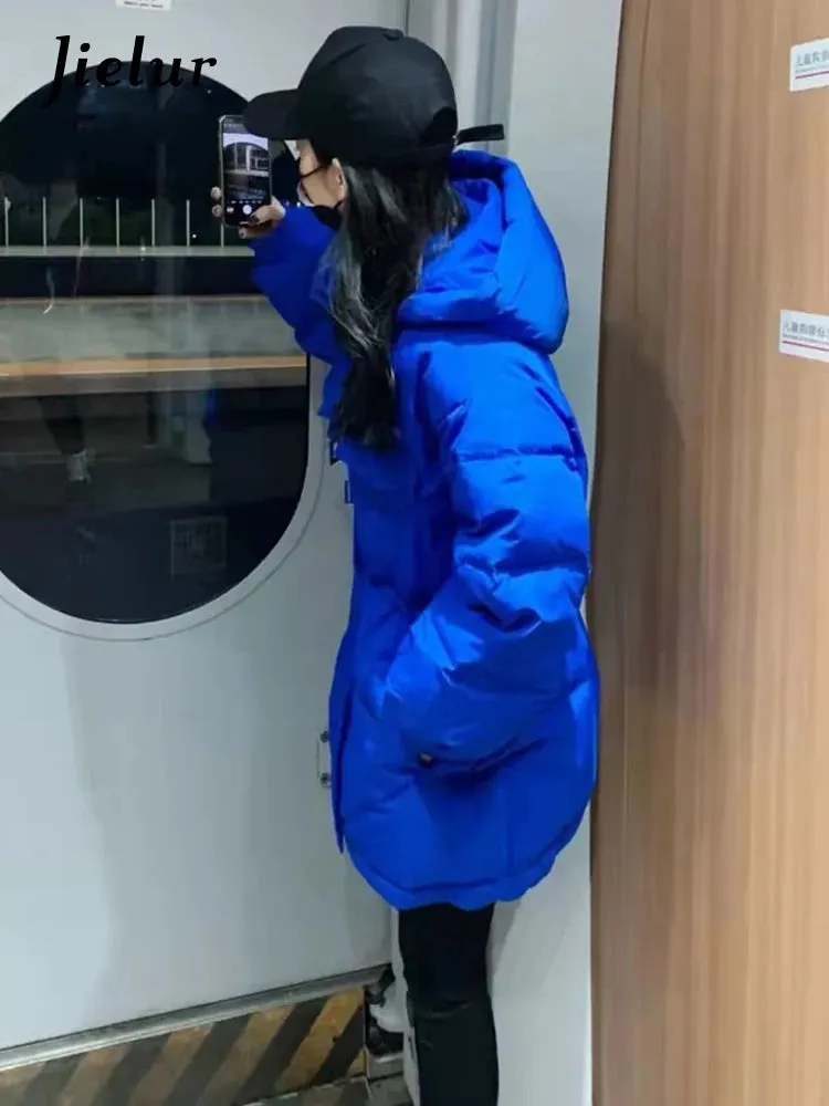 Blue Down Jacket Women New Winter Stand Collar Slim Waist Thickened Hooded White Jackets Mid-Length Korean Parkas Woman