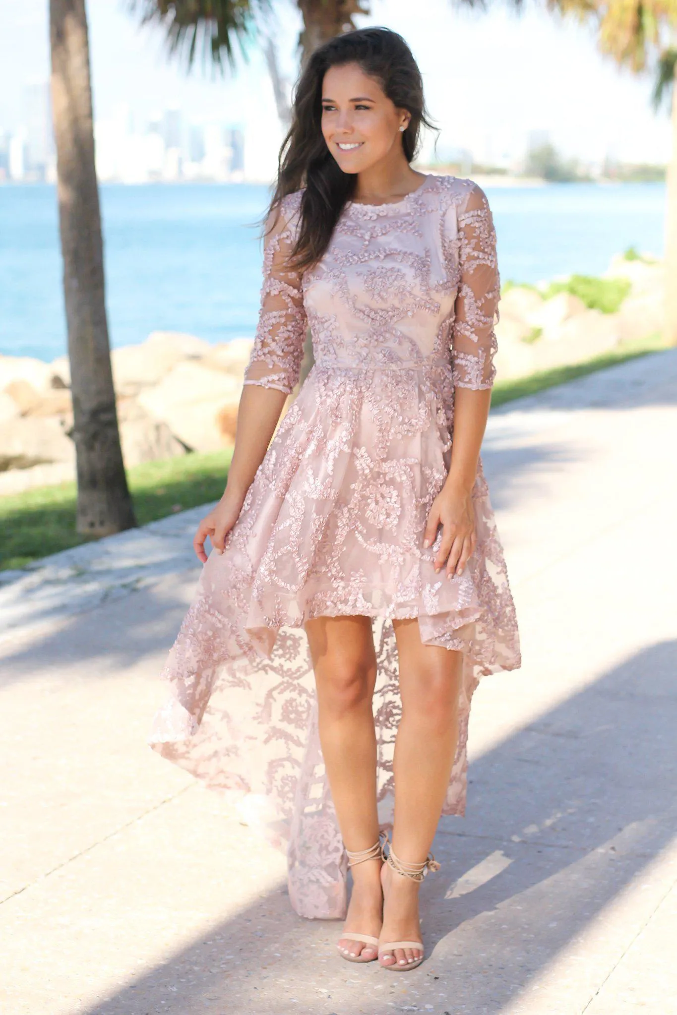 Blush High Low Dress with 3/4 Sleeves