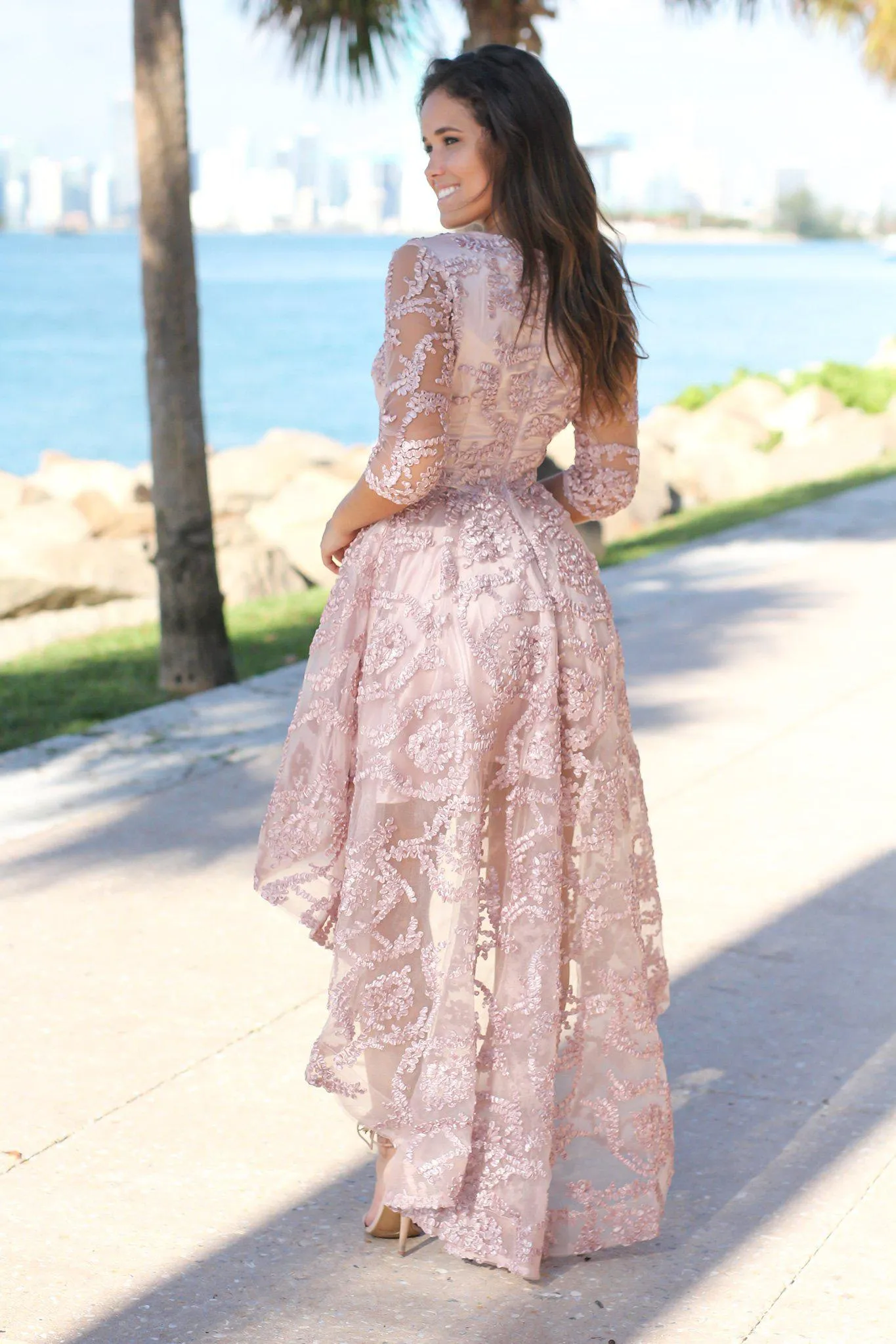 Blush High Low Dress with 3/4 Sleeves