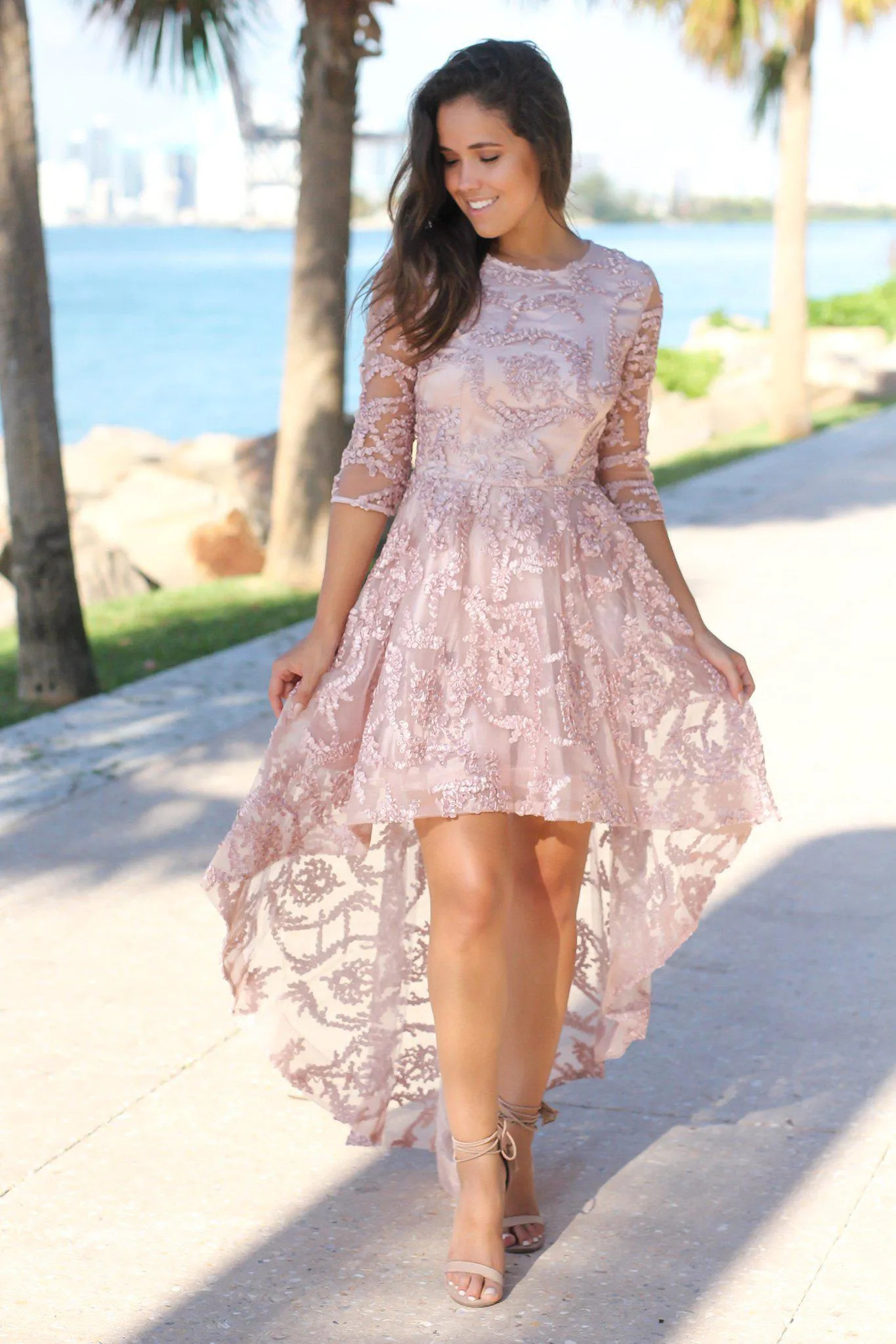 Blush High Low Dress with 3/4 Sleeves