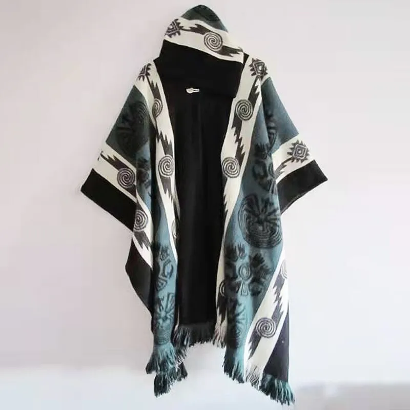 Bonsir Spring Autumn Men Poncho Shawl Jackets Retro National Pattern Printed Knitting Women Hooded Coats Ladies Sleeveless Cape Outwear