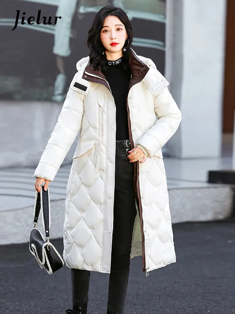 Bright Cotton Jackets for Women Winter Korean Parkas Female Fashion Mid Long Slim Warm White Cofee Khaki Coat Female