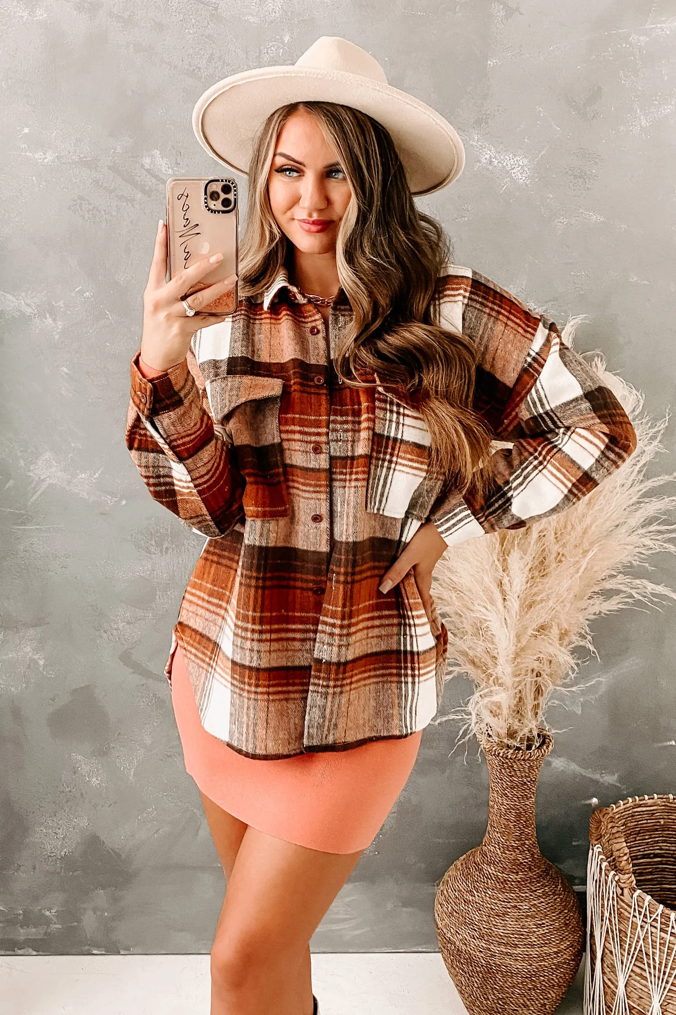 Brisk Bliss Oversized Plaid Shacket (Rust Multi)