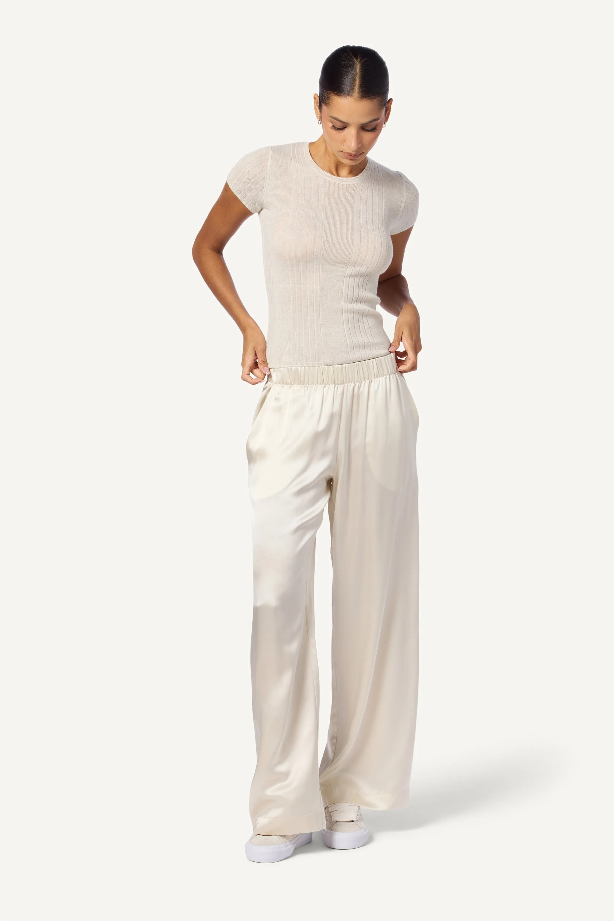 BRYNN SILK WIDE LEG PANT | GARDENIA