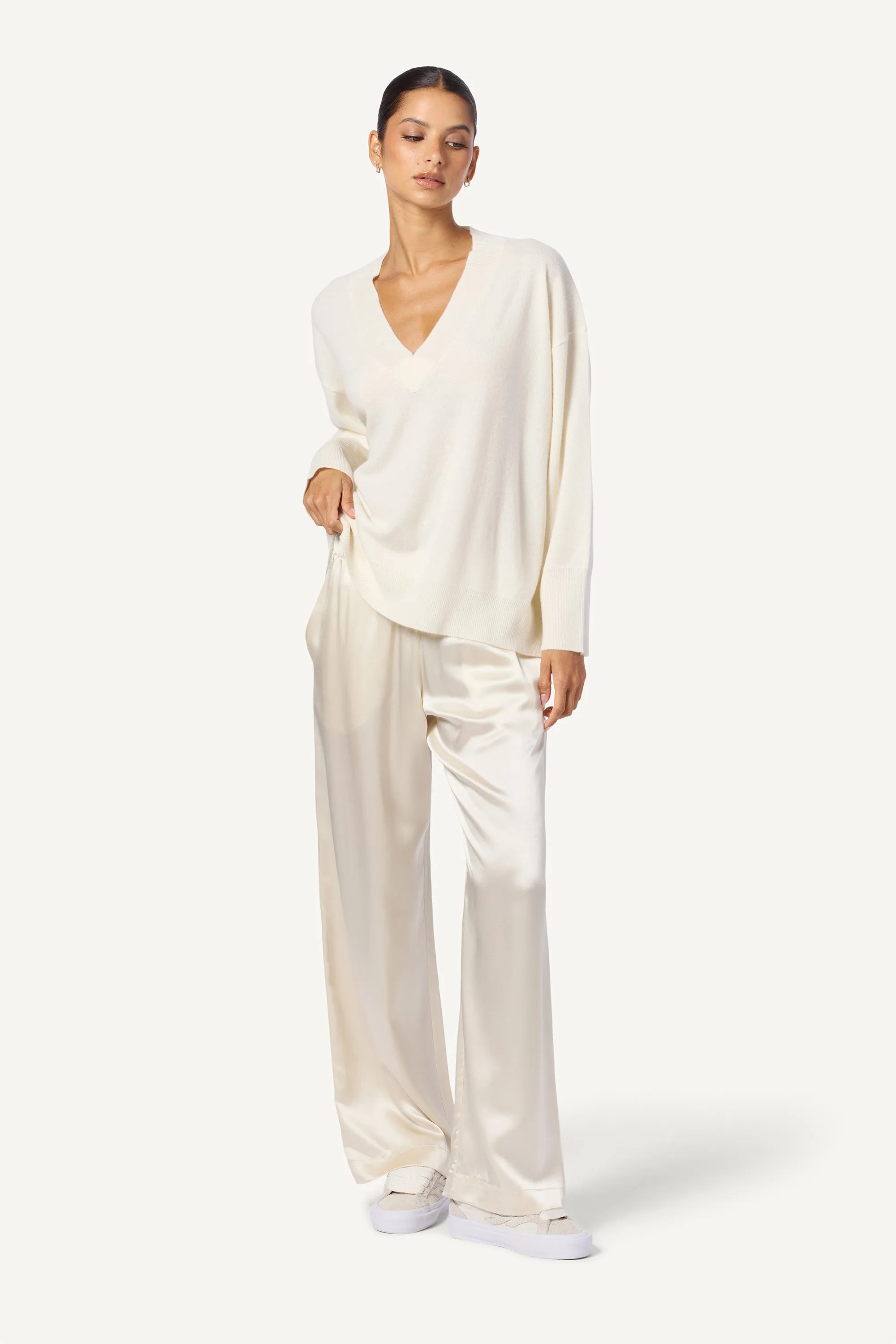 BRYNN SILK WIDE LEG PANT | GARDENIA